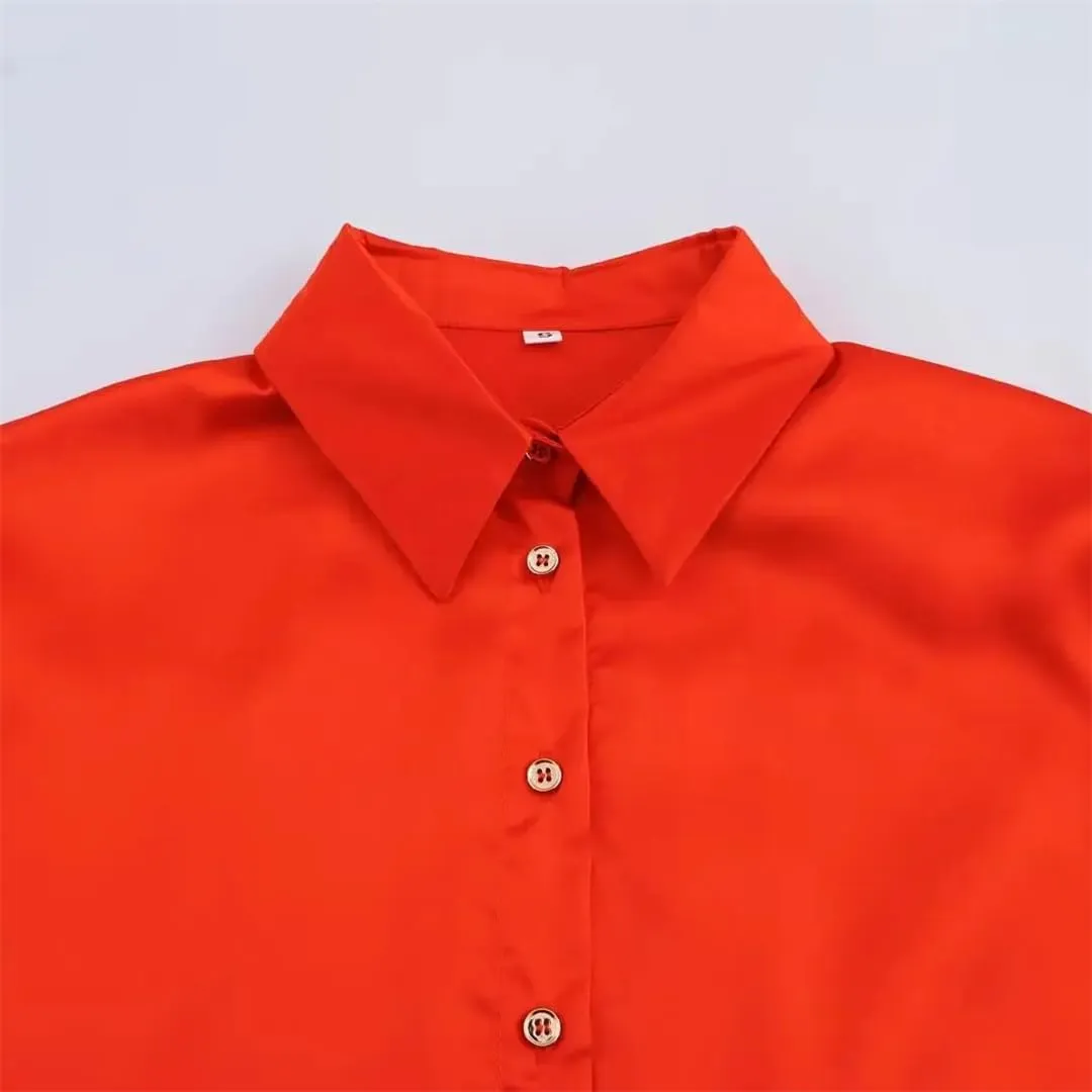Women Loose Lapel Shirt Long Sleeve Single Breasted Solid Blouse Drawstring Slit Hem Shirts