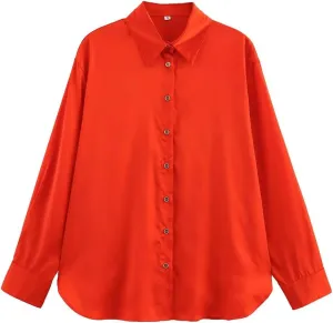 Women Loose Lapel Shirt Long Sleeve Single Breasted Solid Blouse Drawstring Slit Hem Shirts