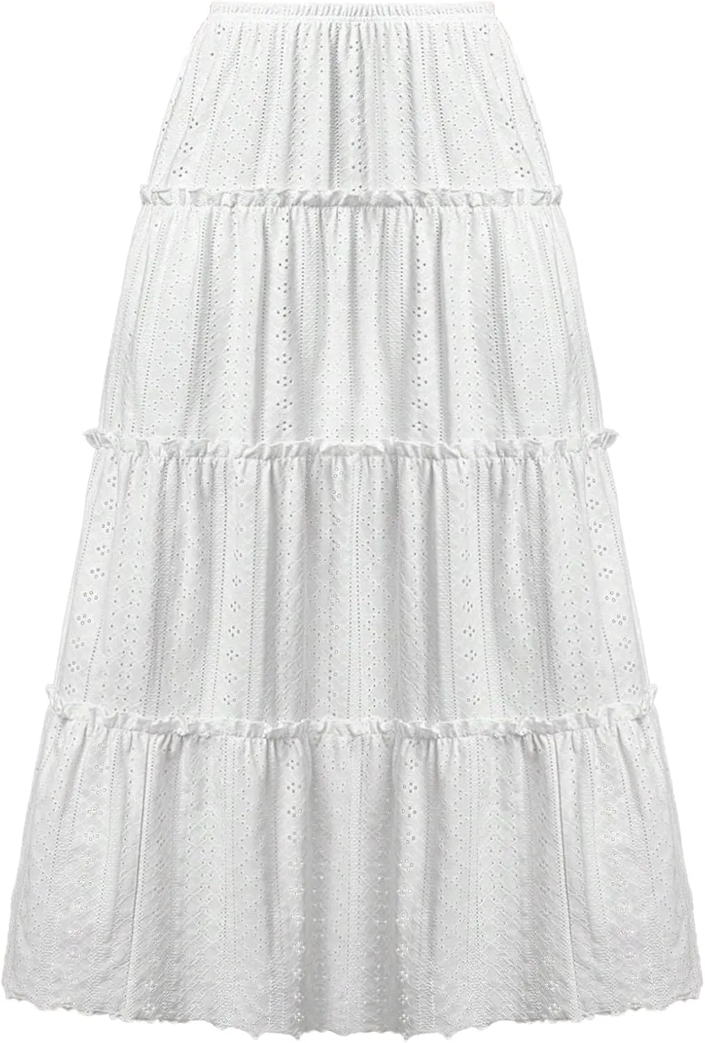 Women Midi Skirts Hollow Out Elastic High Waisted Tiered Eyelet Layered Casual Flowy Smocked Solid Color Skirt