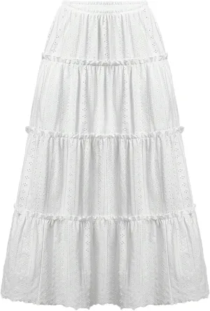 Women Midi Skirts Hollow Out Elastic High Waisted Tiered Eyelet Layered Casual Flowy Smocked Solid Color Skirt