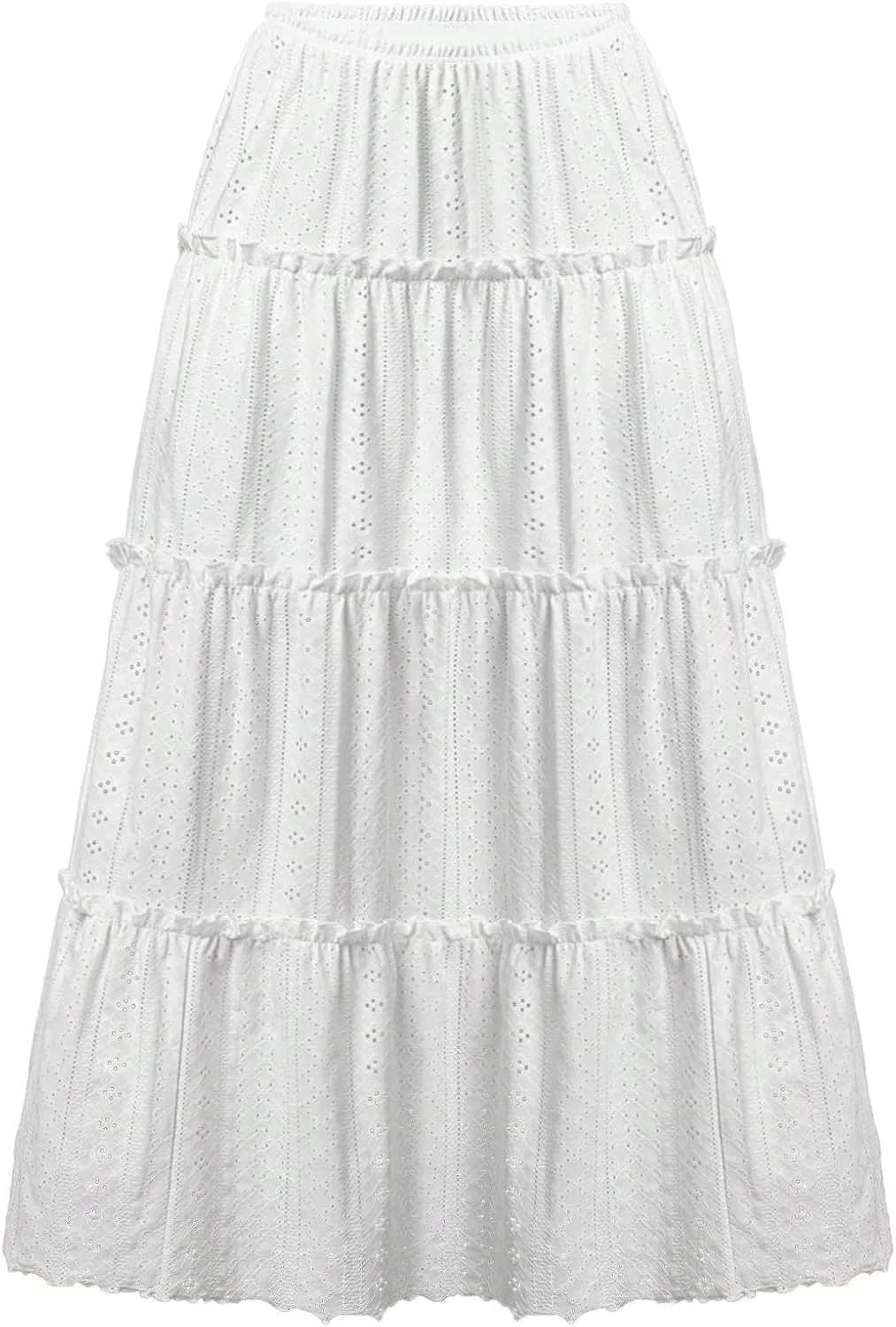 Women Midi Skirts Hollow Out Elastic High Waisted Tiered Eyelet Layered Casual Flowy Smocked Solid Color Skirt