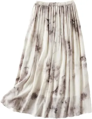 Women Mulberry Silk Lightweight Skirts High Waist Breathable Long Skirts Floral Vacation Skirts