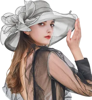 Women Organza Kentucky Church Derby Cap Wide Brim Sun Hats for Wedding Tea Party Fascinator UV Protection Caps