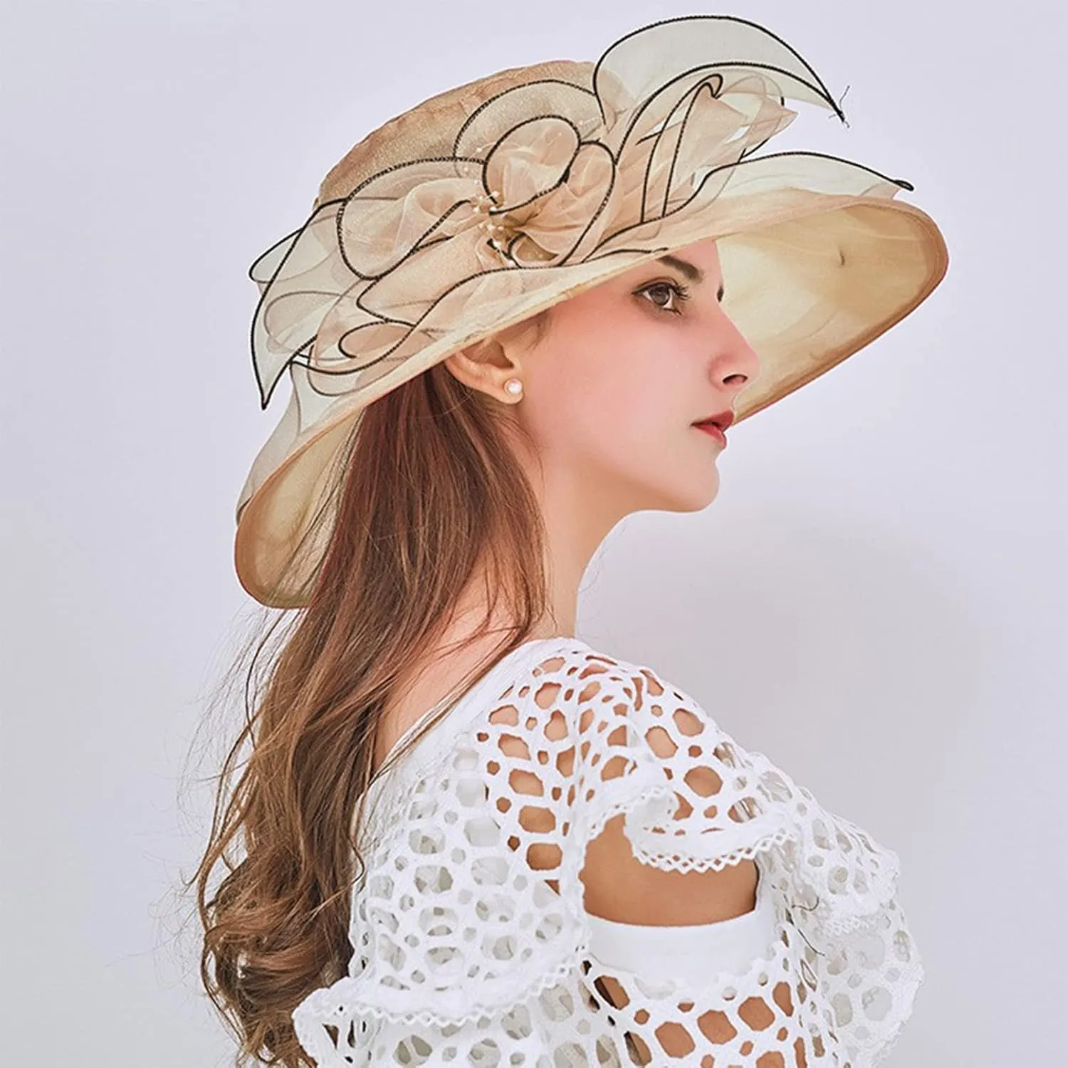 Women Organza Kentucky Church Derby Cap Wide Brim Sun Hats for Wedding Tea Party Fascinator UV Protection Caps