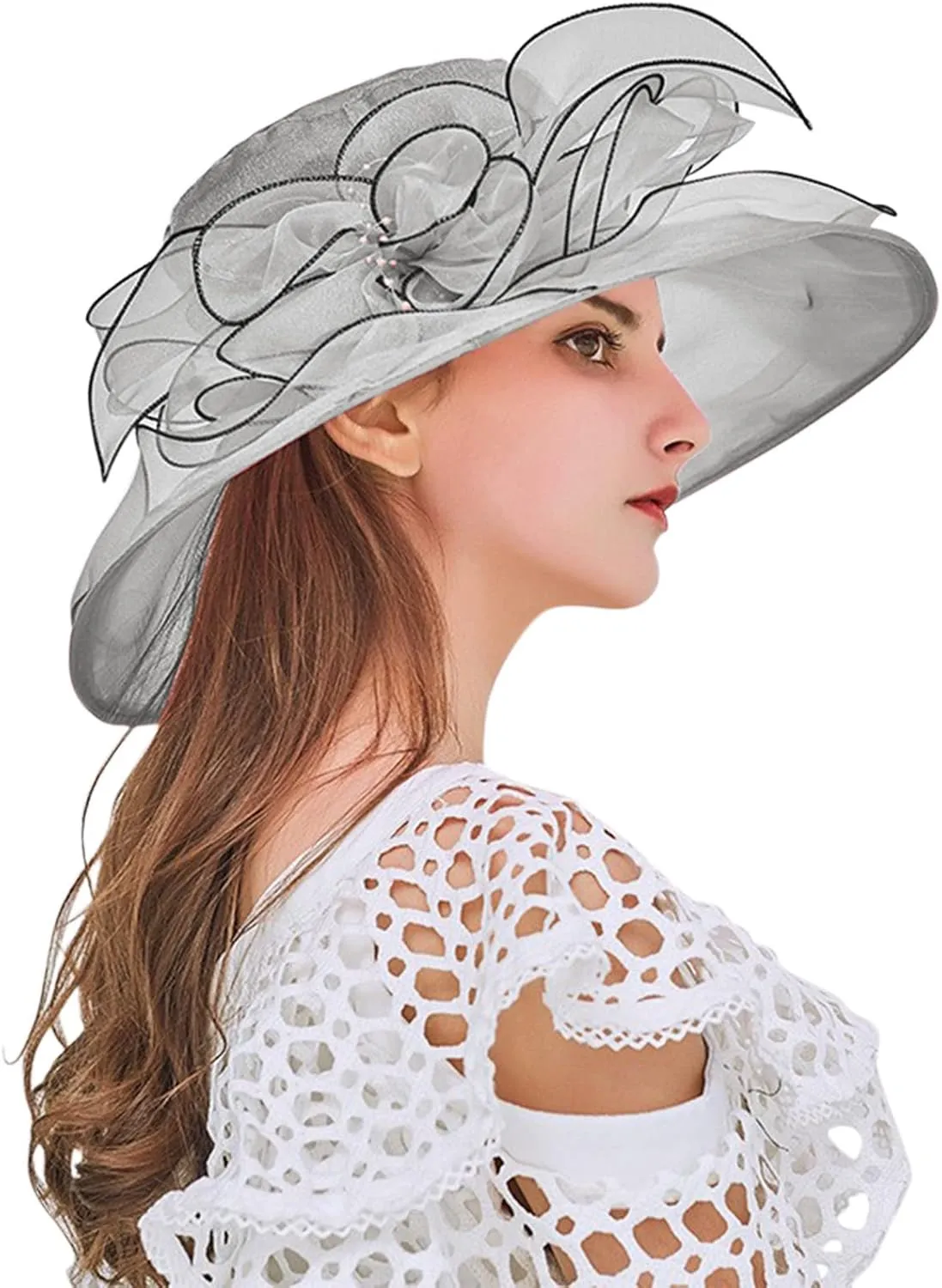 Women Organza Kentucky Church Derby Cap Wide Brim Sun Hats for Wedding Tea Party Fascinator UV Protection Caps