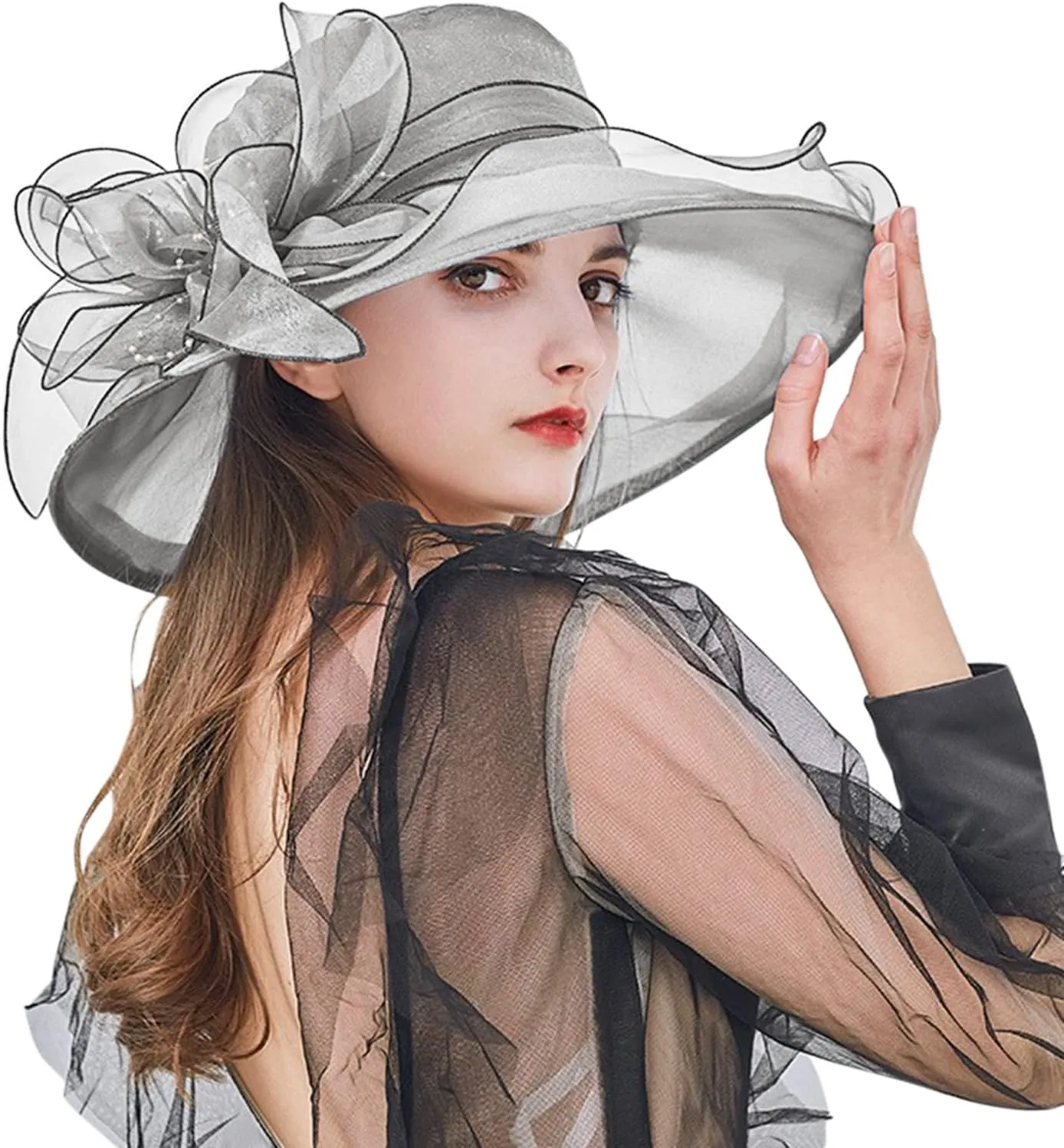 Women Organza Kentucky Church Derby Cap Wide Brim Sun Hats for Wedding Tea Party Fascinator UV Protection Caps