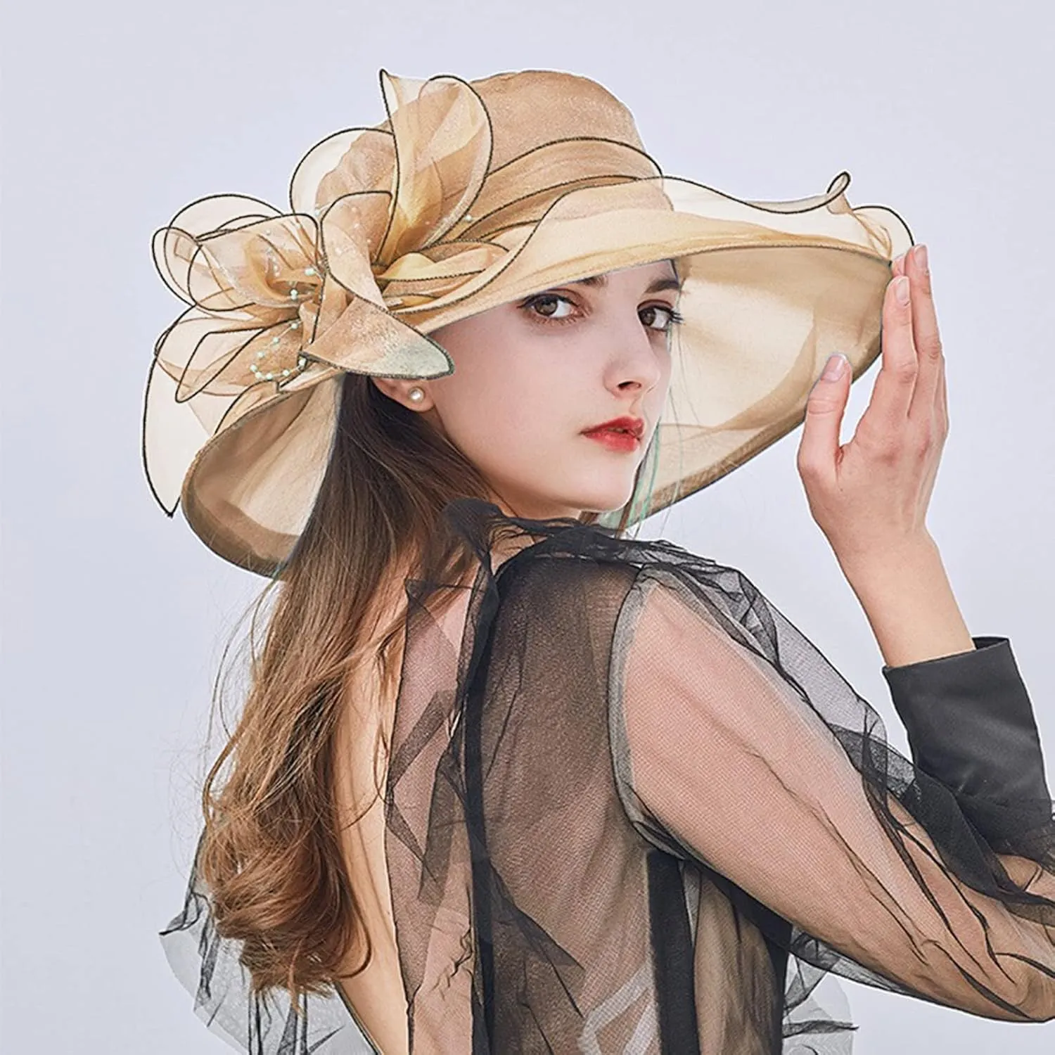 Women Organza Kentucky Church Derby Cap Wide Brim Sun Hats for Wedding Tea Party Fascinator UV Protection Caps