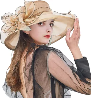 Women Organza Kentucky Church Derby Cap Wide Brim Sun Hats for Wedding Tea Party Fascinator UV Protection Caps