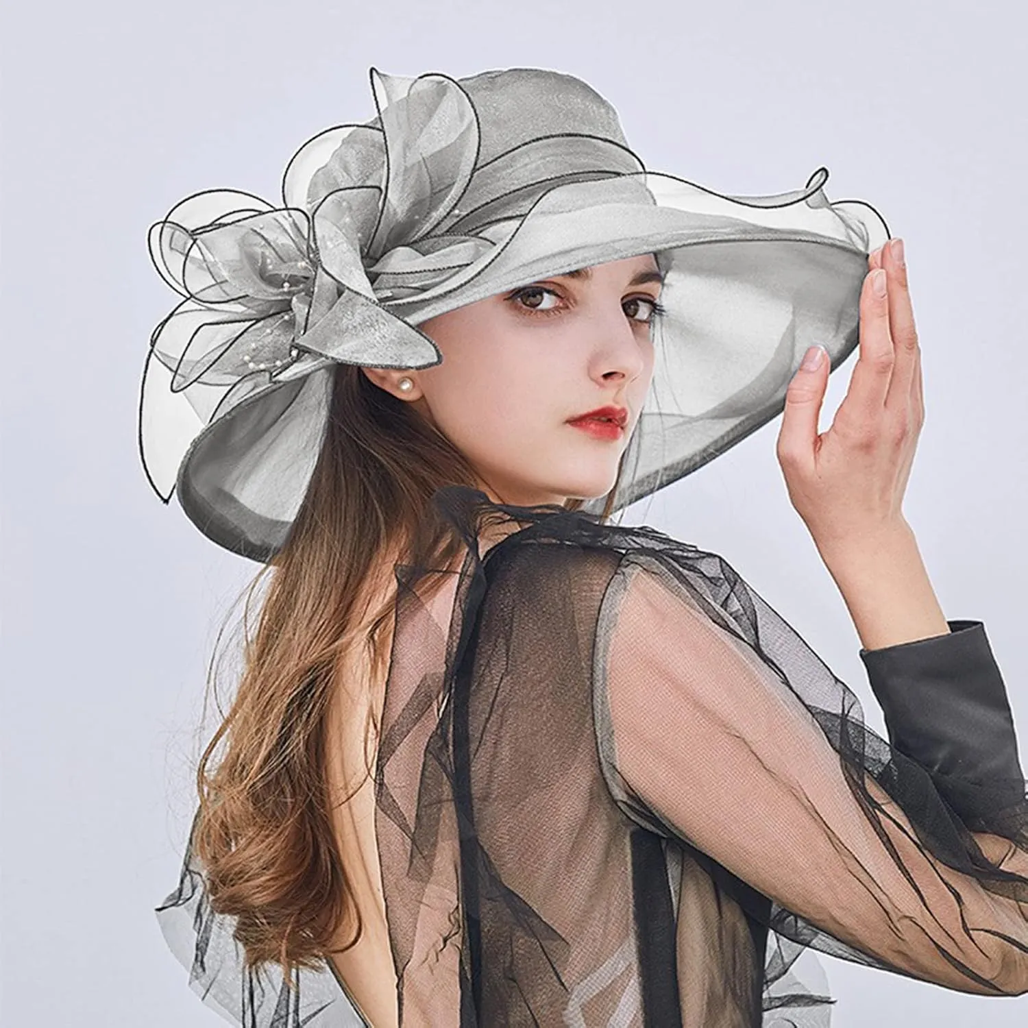 Women Organza Kentucky Church Derby Cap Wide Brim Sun Hats for Wedding Tea Party Fascinator UV Protection Caps