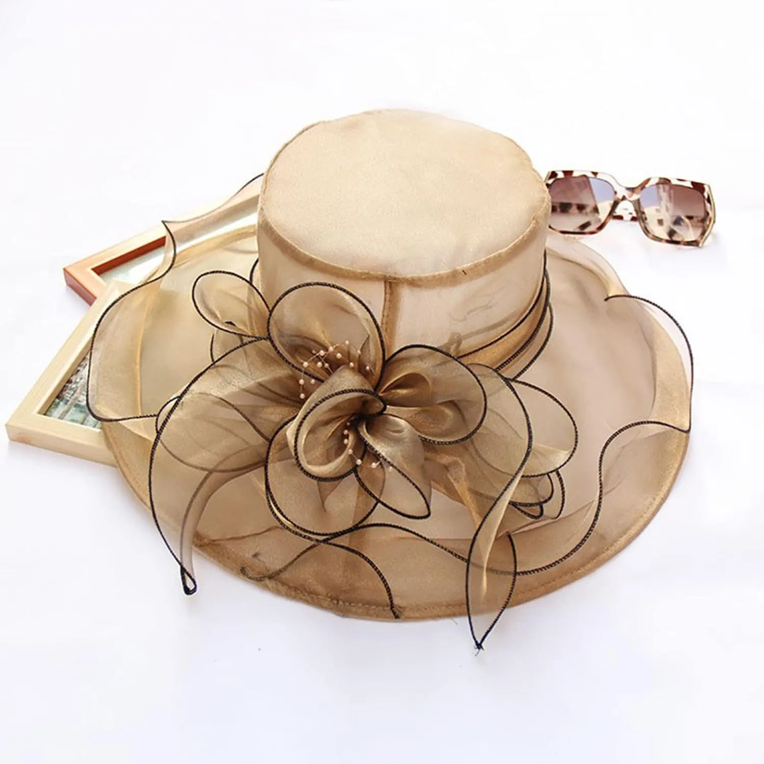 Women Organza Kentucky Church Derby Cap Wide Brim Sun Hats for Wedding Tea Party Fascinator UV Protection Caps