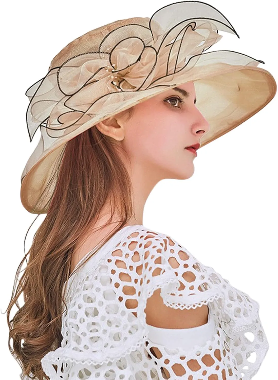 Women Organza Kentucky Church Derby Cap Wide Brim Sun Hats for Wedding Tea Party Fascinator UV Protection Caps