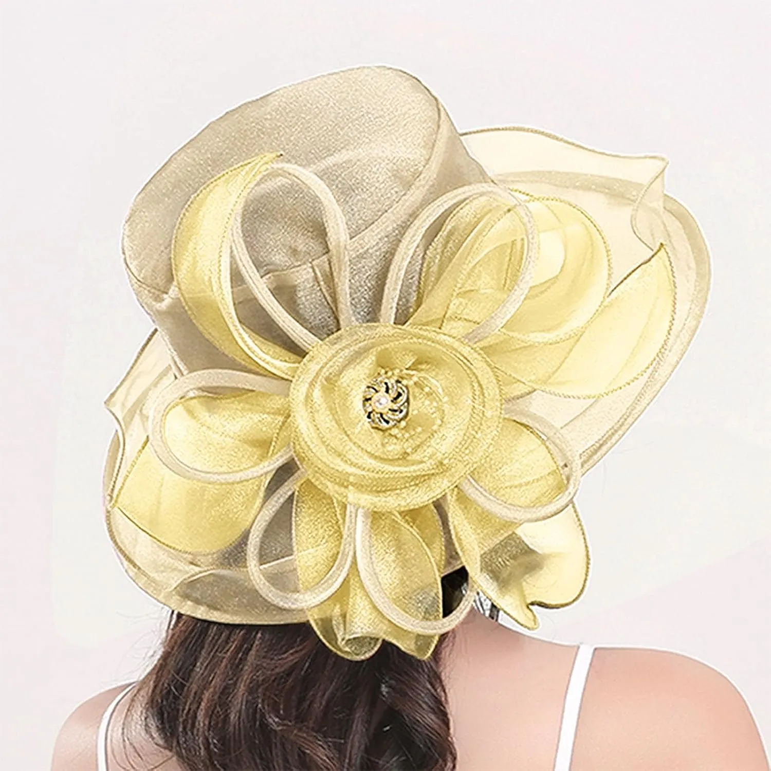 Women Organza Kentucky Hat Organza Floral Tea Party Derby Cocktail Elegant Dress Hat Wide Brim Wedding Bucket Hats