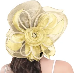 Women Organza Kentucky Hat Organza Floral Tea Party Derby Cocktail Elegant Dress Hat Wide Brim Wedding Bucket Hats