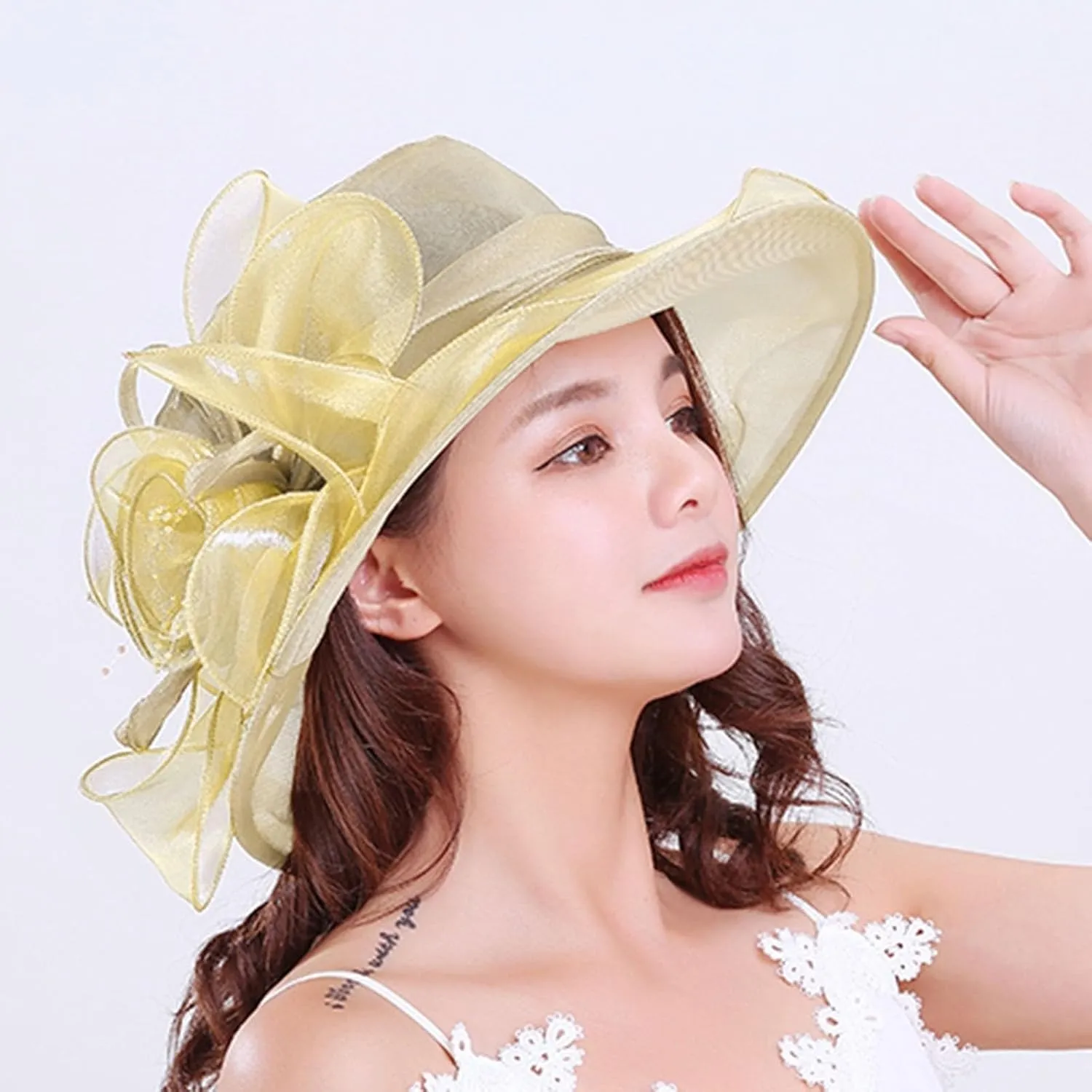 Women Organza Kentucky Hat Organza Floral Tea Party Derby Cocktail Elegant Dress Hat Wide Brim Wedding Bucket Hats