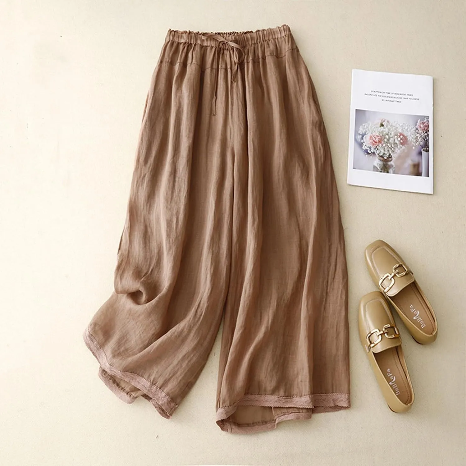 Women Palazzo Pants 2024 Trendy Wide Leg Linen Pants Summer Casual Culottes Gaucho Pants Dressy Causal Clothes 2024