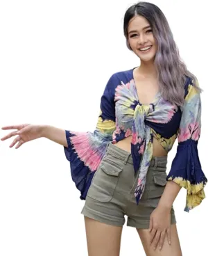 Women Petite & Teen Crop TOP Tie Front or Back Ruffle Bell Sleeve Free Size Handmade Tie Dye