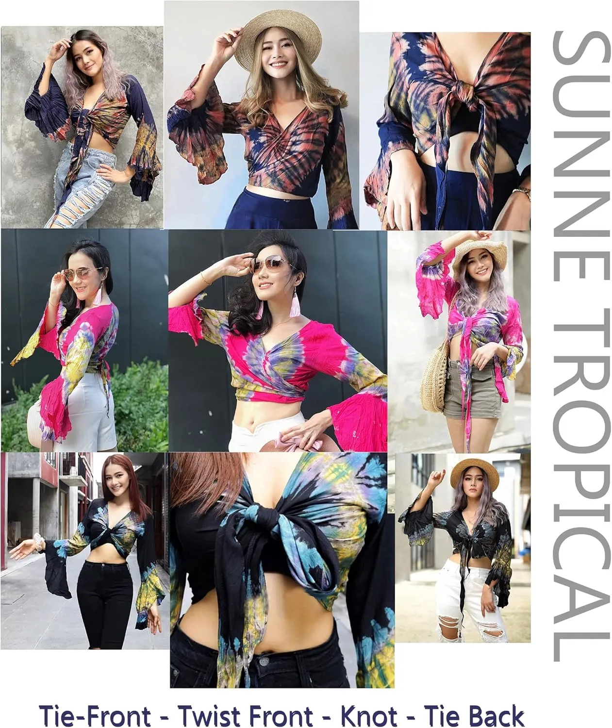 Women Petite & Teen Crop TOP Tie Front or Back Ruffle Bell Sleeve Free Size Handmade Tie Dye