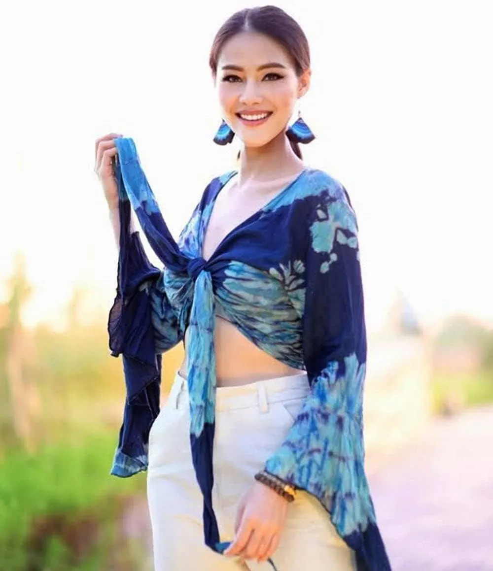 Women Petite & Teen Crop TOP Tie Front or Back Ruffle Bell Sleeve Free Size Handmade Tie Dye