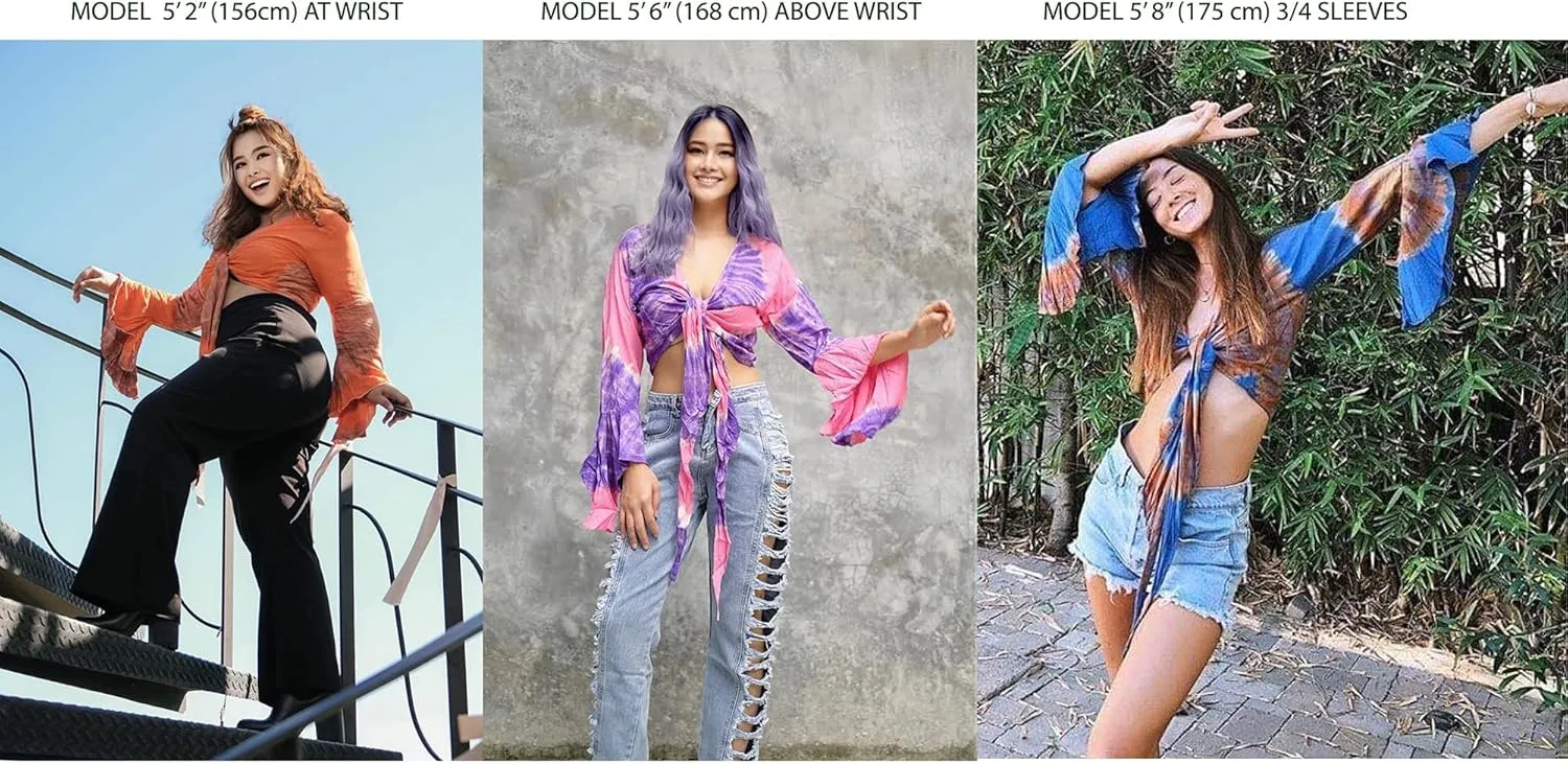 Women Petite & Teen Crop TOP Tie Front or Back Ruffle Bell Sleeve Free Size Handmade Tie Dye