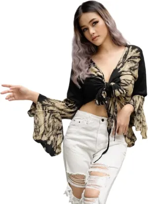 Women Petite & Teen Crop TOP Tie Front or Back Ruffle Bell Sleeve Free Size Handmade Tie Dye