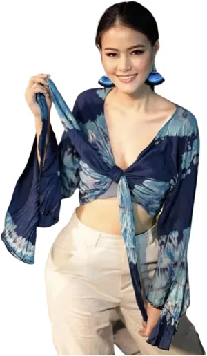 Women Petite & Teen Crop TOP Tie Front or Back Ruffle Bell Sleeve Free Size Handmade Tie Dye