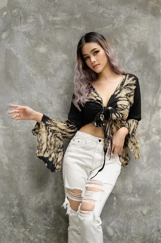 Women Petite & Teen Crop TOP Tie Front or Back Ruffle Bell Sleeve Free Size Handmade Tie Dye