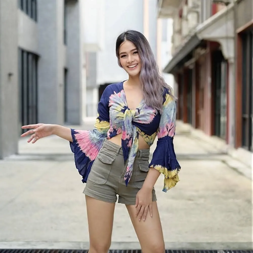 Women Petite & Teen Crop TOP Tie Front or Back Ruffle Bell Sleeve Free Size Handmade Tie Dye