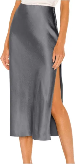 Women Slit Side Satin Midi Skirt Elegant High Waist Dressy Pencil Skirts Summer Lightweight Casual Dressy Work Skirt