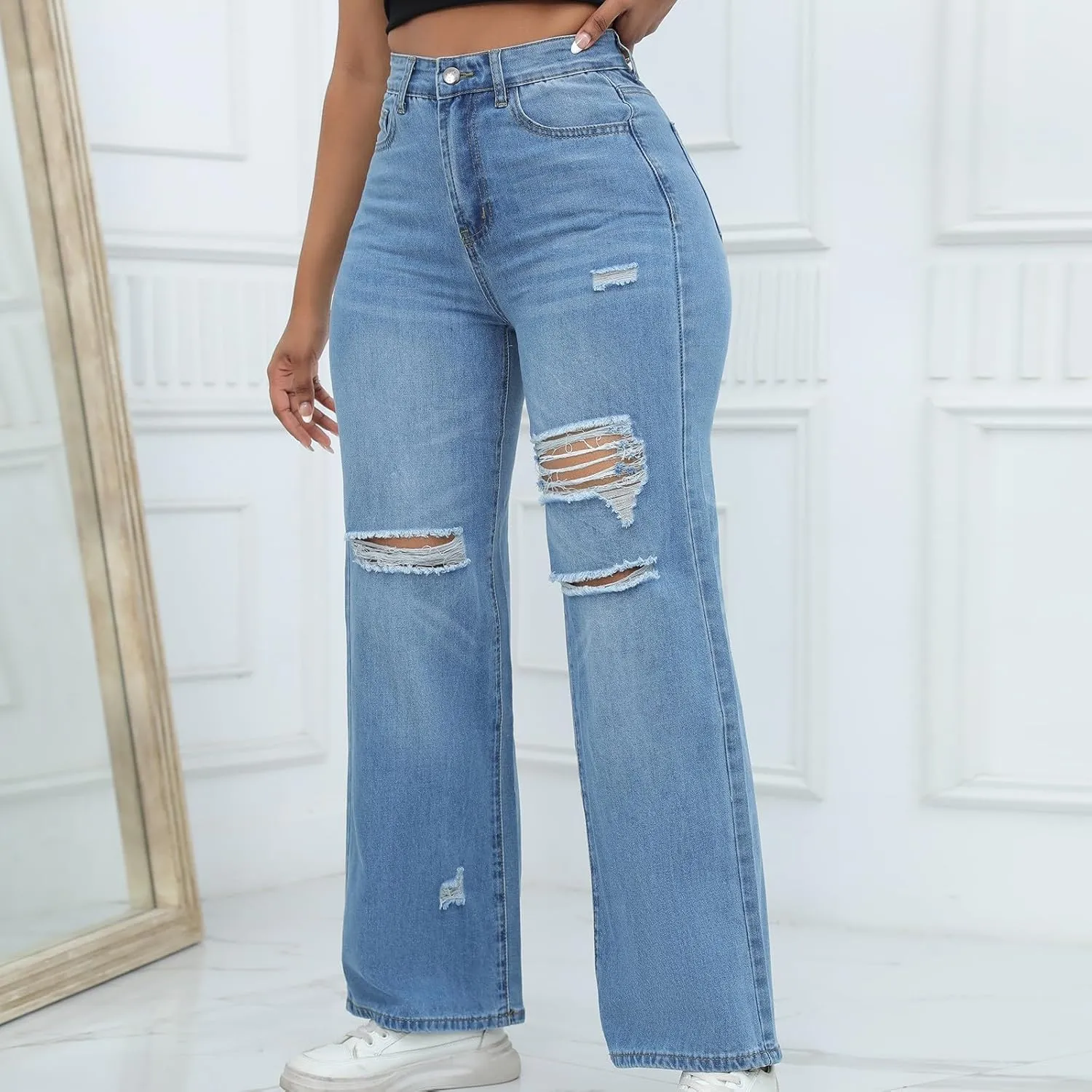 Women Straight Leg Jeans High Waisted Classic Relaxed Fit Y2k Wide Leg Ripped Button Zipper Stretch Denim Trousers