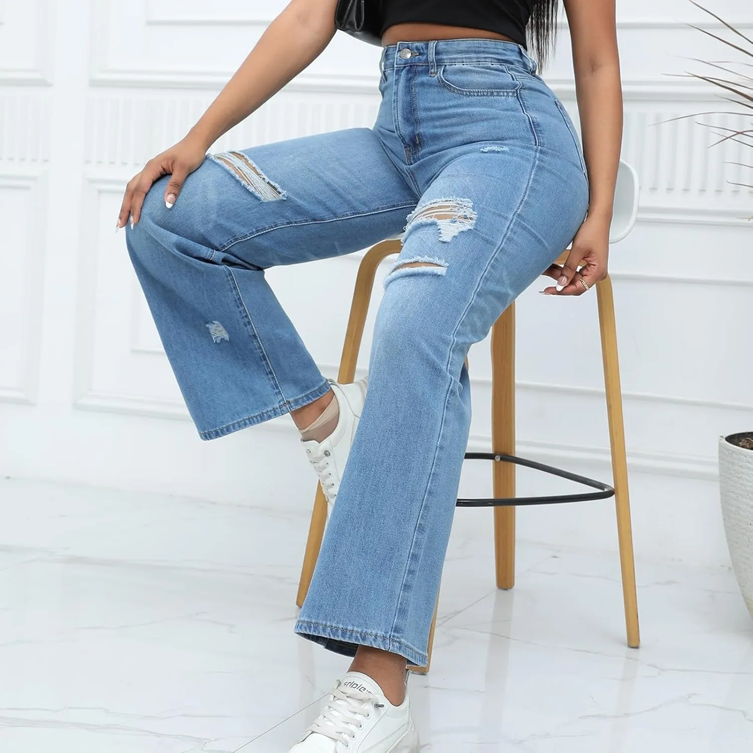 Women Straight Leg Jeans High Waisted Classic Relaxed Fit Y2k Wide Leg Ripped Button Zipper Stretch Denim Trousers