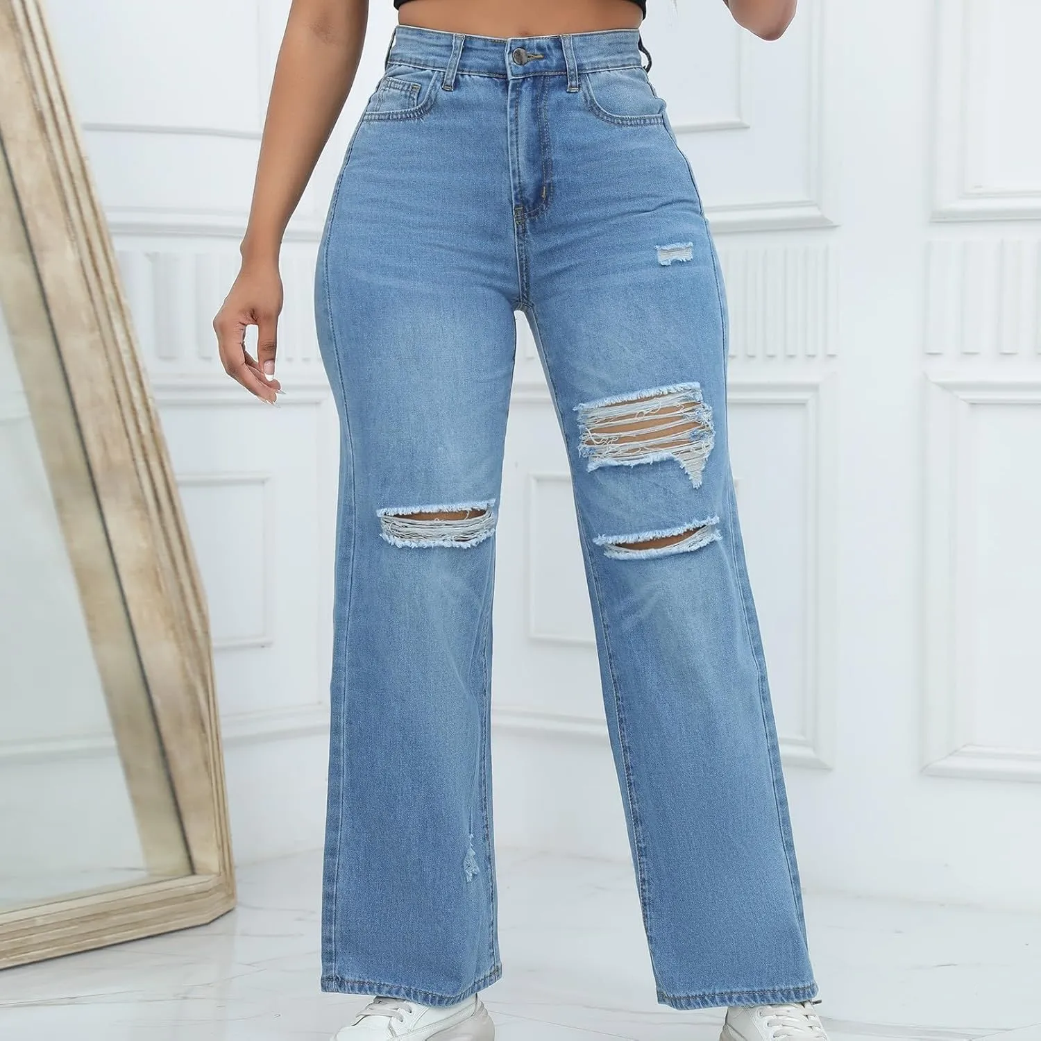 Women Straight Leg Jeans High Waisted Classic Relaxed Fit Y2k Wide Leg Ripped Button Zipper Stretch Denim Trousers