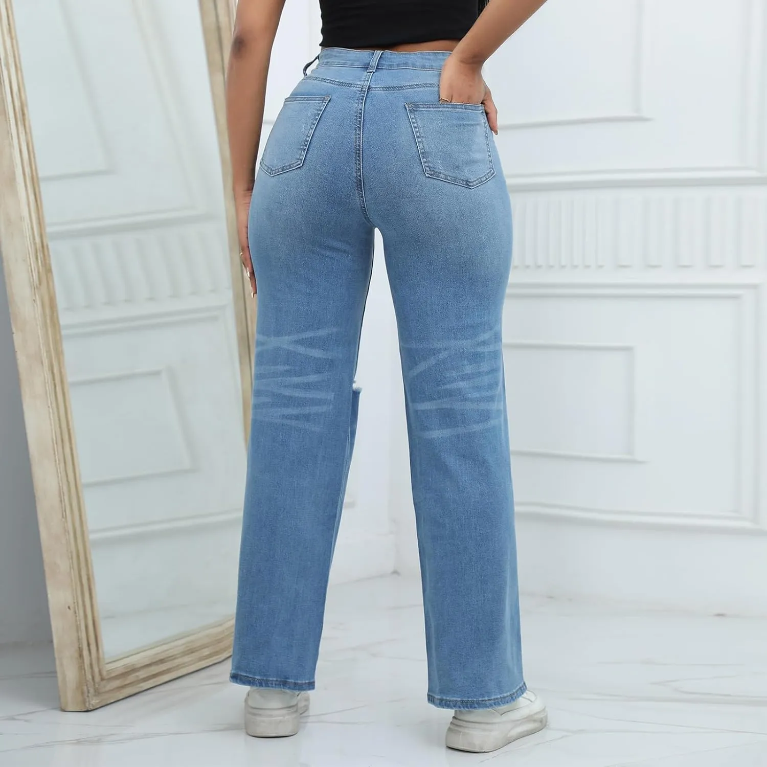 Women Straight Leg Jeans High Waisted Classic Relaxed Fit Y2k Wide Leg Ripped Button Zipper Stretch Denim Trousers