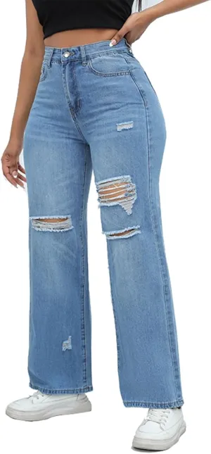Women Straight Leg Jeans High Waisted Classic Relaxed Fit Y2k Wide Leg Ripped Button Zipper Stretch Denim Trousers