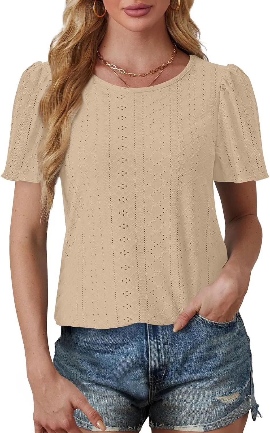 Women Tshirts Short Puff Sleeve Fish Net Crew Neck Tops Thin Breathable Loose Basic Shirt Summer Tee for Women 2025