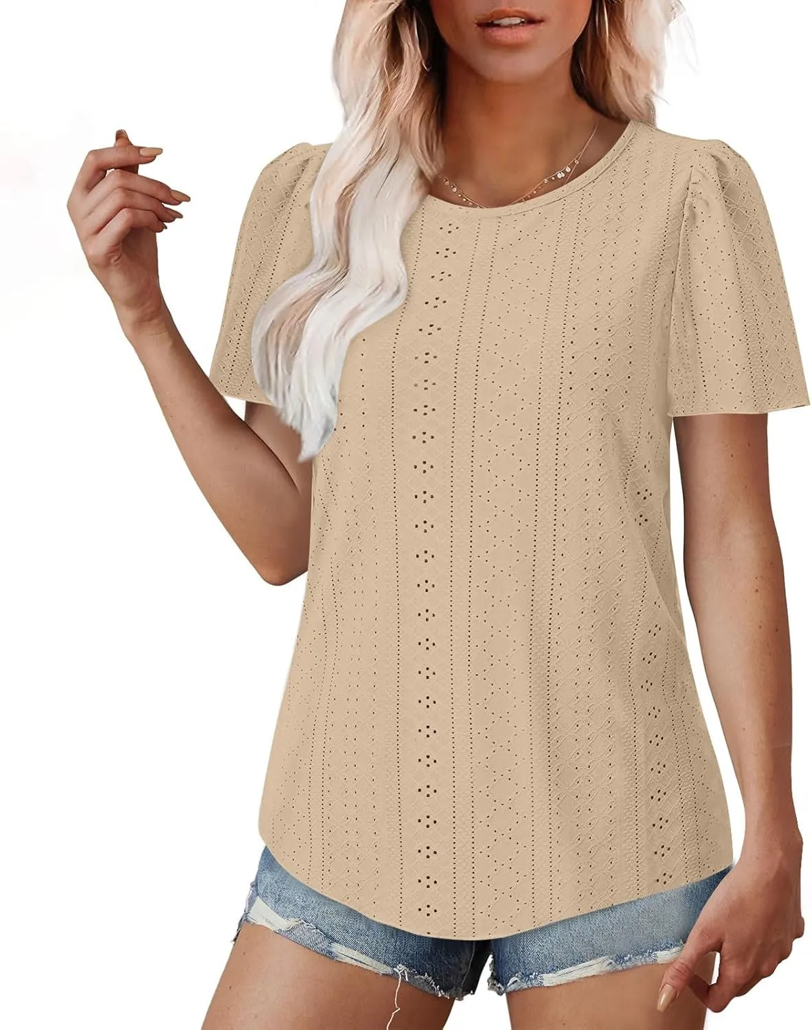 Women Tshirts Short Puff Sleeve Fish Net Crew Neck Tops Thin Breathable Loose Basic Shirt Summer Tee for Women 2025