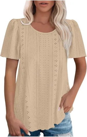 Women Tshirts Short Puff Sleeve Fish Net Crew Neck Tops Thin Breathable Loose Basic Shirt Summer Tee for Women 2025