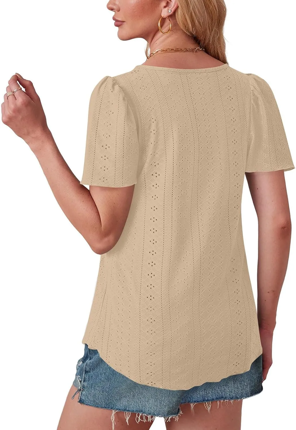 Women Tshirts Short Puff Sleeve Fish Net Crew Neck Tops Thin Breathable Loose Basic Shirt Summer Tee for Women 2025