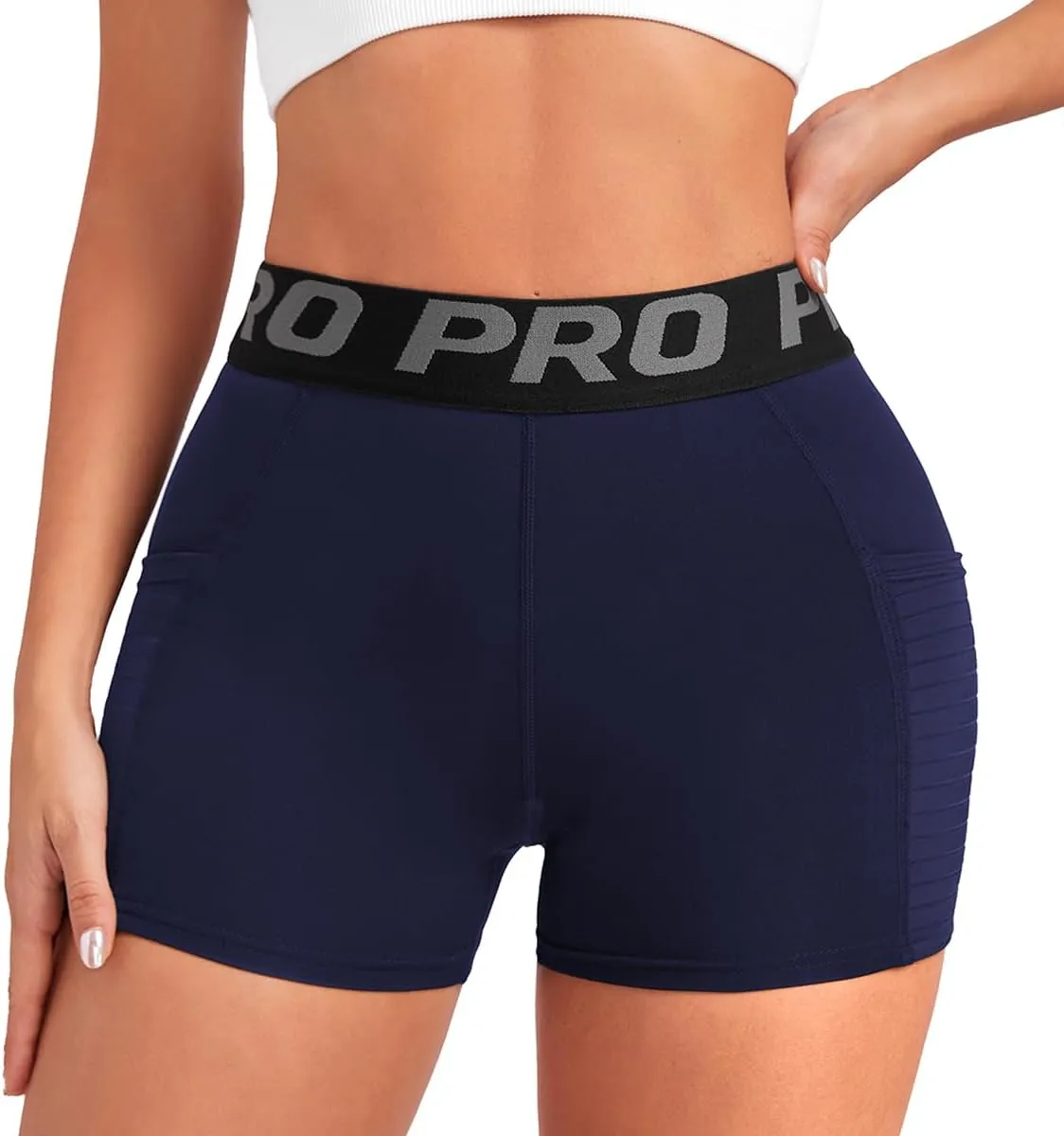 Women Workout Shorts,High Waisted Athletic Slim Fit Shorts Tummy Control Gym Yoga Biker Shorts with Side Pocket