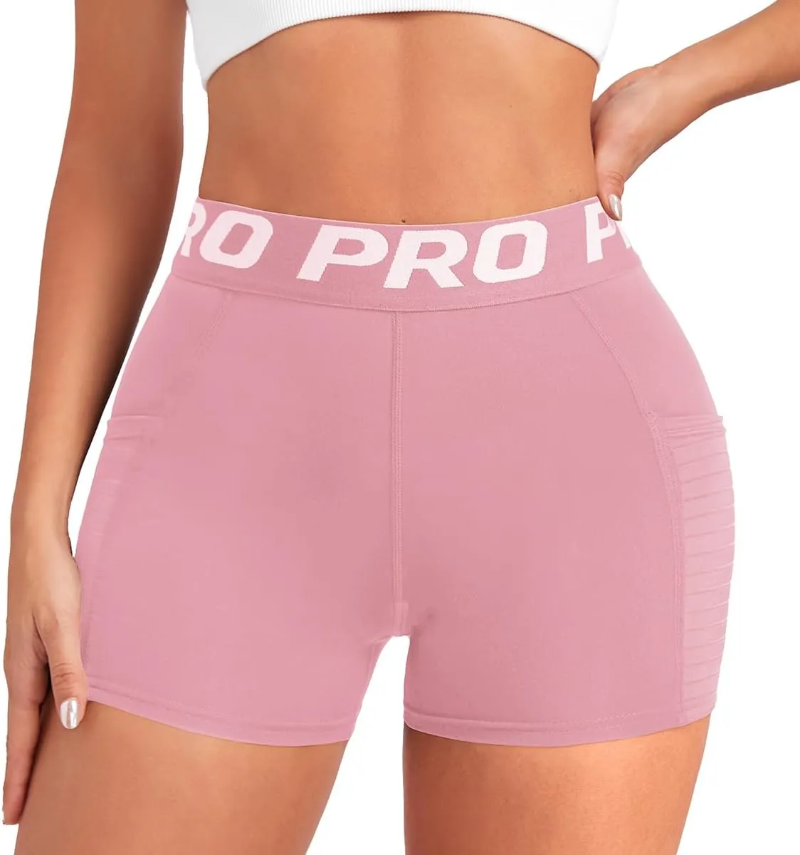 Women Workout Shorts,High Waisted Athletic Slim Fit Shorts Tummy Control Gym Yoga Biker Shorts with Side Pocket