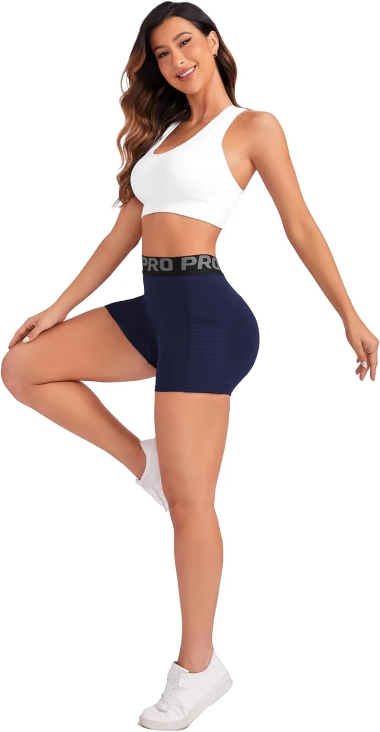Women Workout Shorts,High Waisted Athletic Slim Fit Shorts Tummy Control Gym Yoga Biker Shorts with Side Pocket