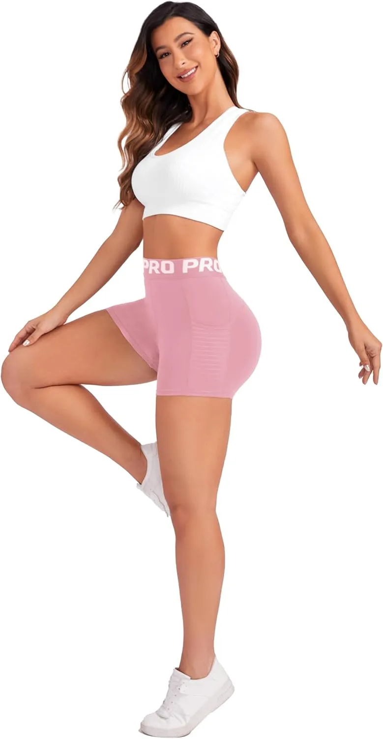 Women Workout Shorts,High Waisted Athletic Slim Fit Shorts Tummy Control Gym Yoga Biker Shorts with Side Pocket