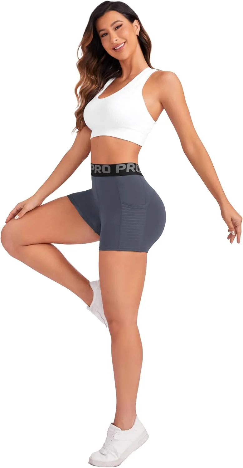 Women Workout Shorts,High Waisted Athletic Slim Fit Shorts Tummy Control Gym Yoga Biker Shorts with Side Pocket