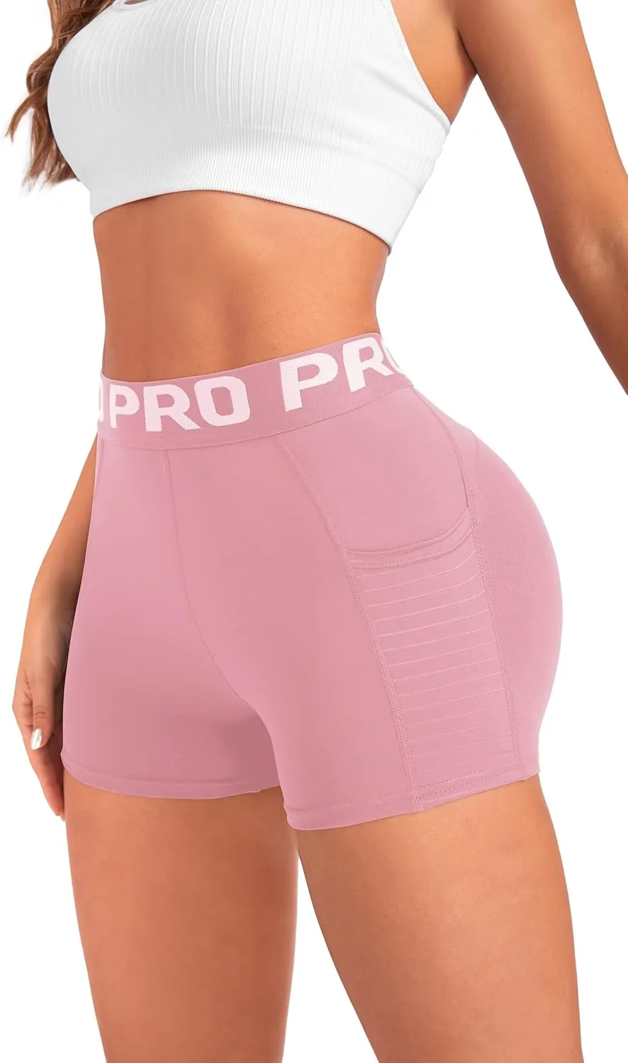 Women Workout Shorts,High Waisted Athletic Slim Fit Shorts Tummy Control Gym Yoga Biker Shorts with Side Pocket