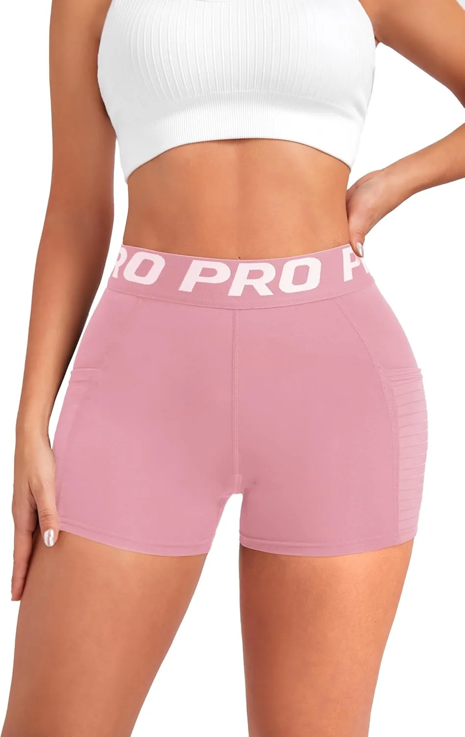Women Workout Shorts,High Waisted Athletic Slim Fit Shorts Tummy Control Gym Yoga Biker Shorts with Side Pocket