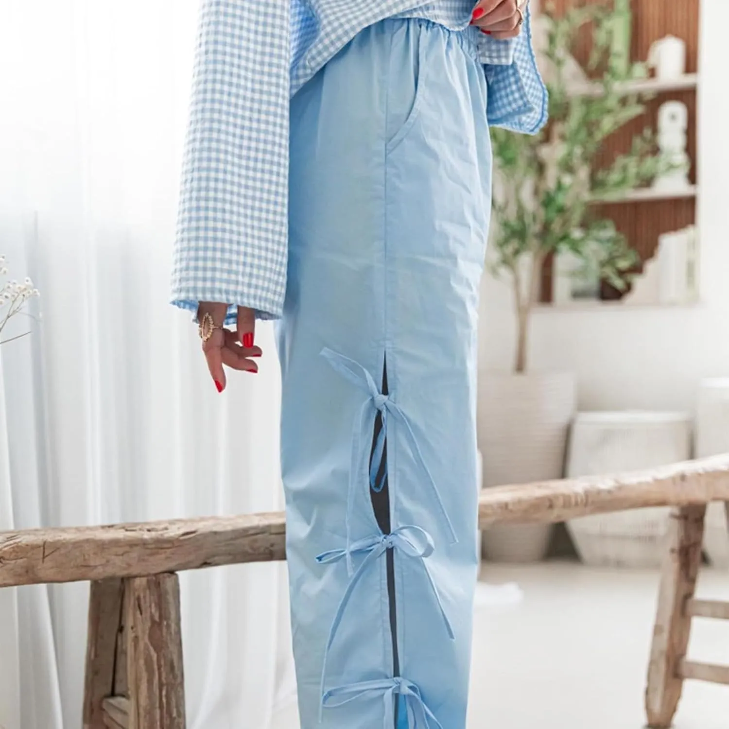 Women Y2K Plaid Stripe Pants Side Tie-Up Wide-Leg Straight Trousers Vintage Lounge Pants Sweatpants Pjs Bottoms