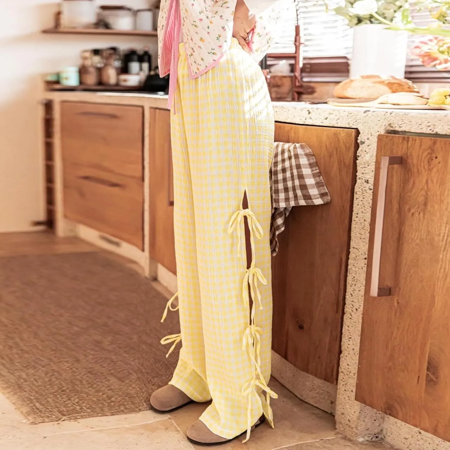 Women Y2K Plaid Stripe Pants Side Tie-Up Wide-Leg Straight Trousers Vintage Lounge Pants Sweatpants Pjs Bottoms