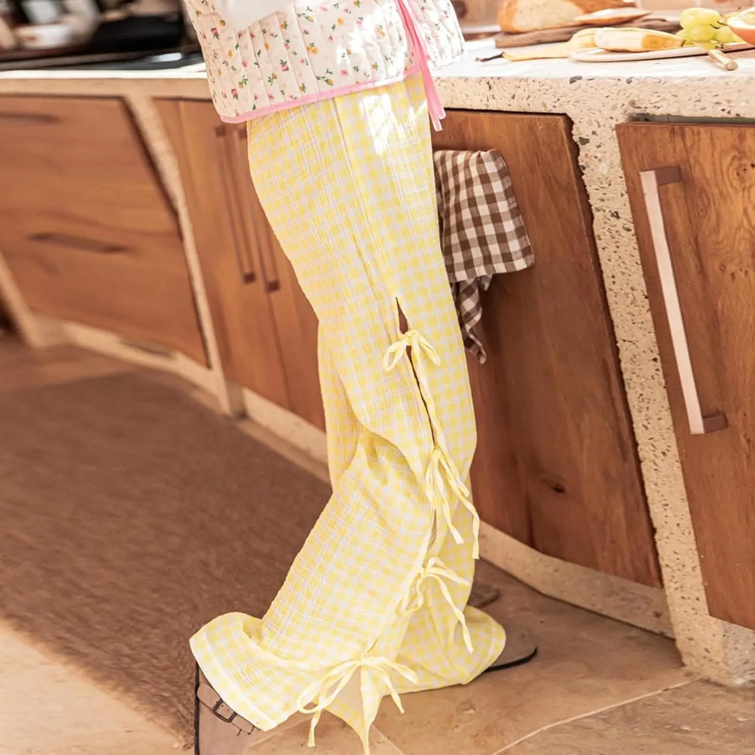 Women Y2K Plaid Stripe Pants Side Tie-Up Wide-Leg Straight Trousers Vintage Lounge Pants Sweatpants Pjs Bottoms