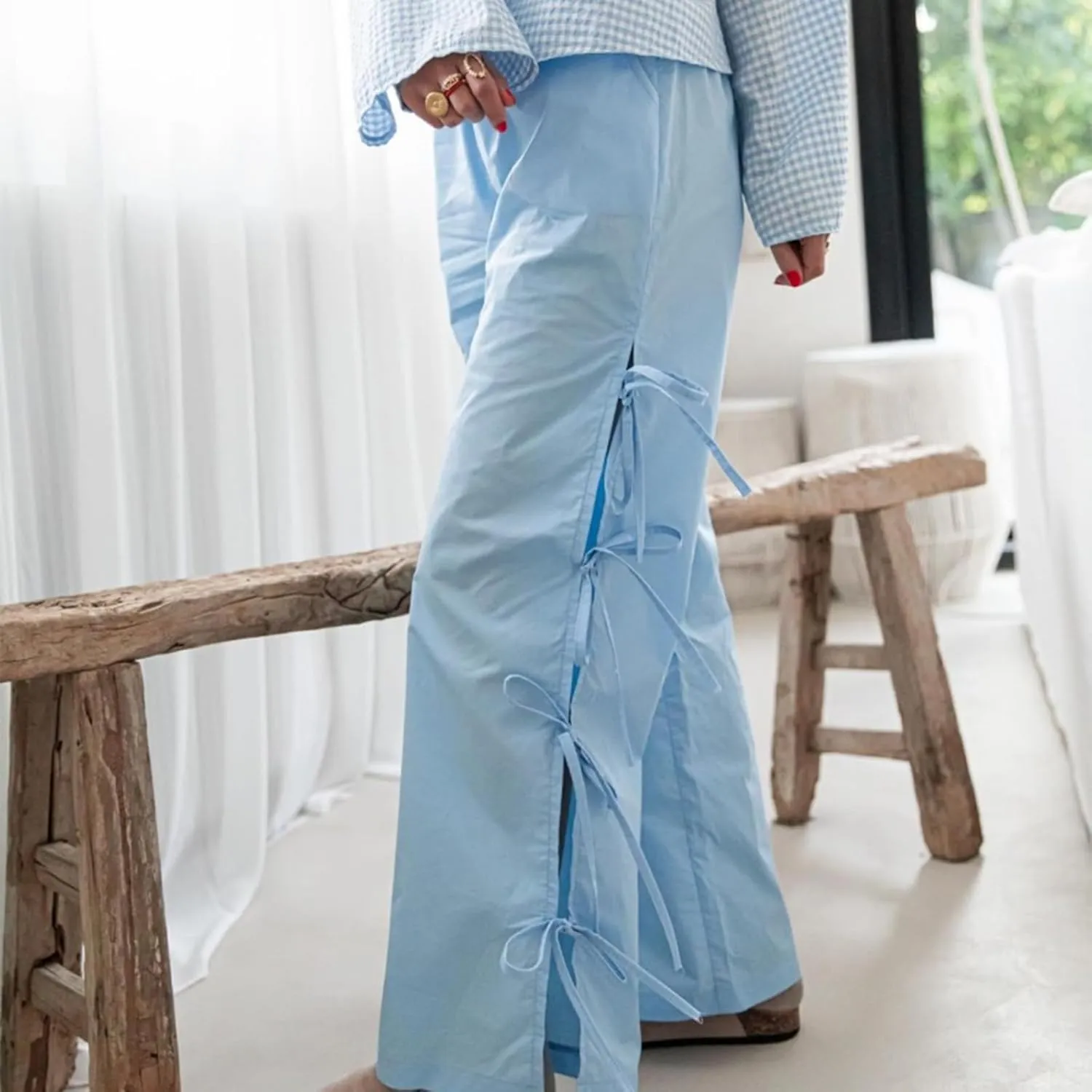 Women Y2K Plaid Stripe Pants Side Tie-Up Wide-Leg Straight Trousers Vintage Lounge Pants Sweatpants Pjs Bottoms