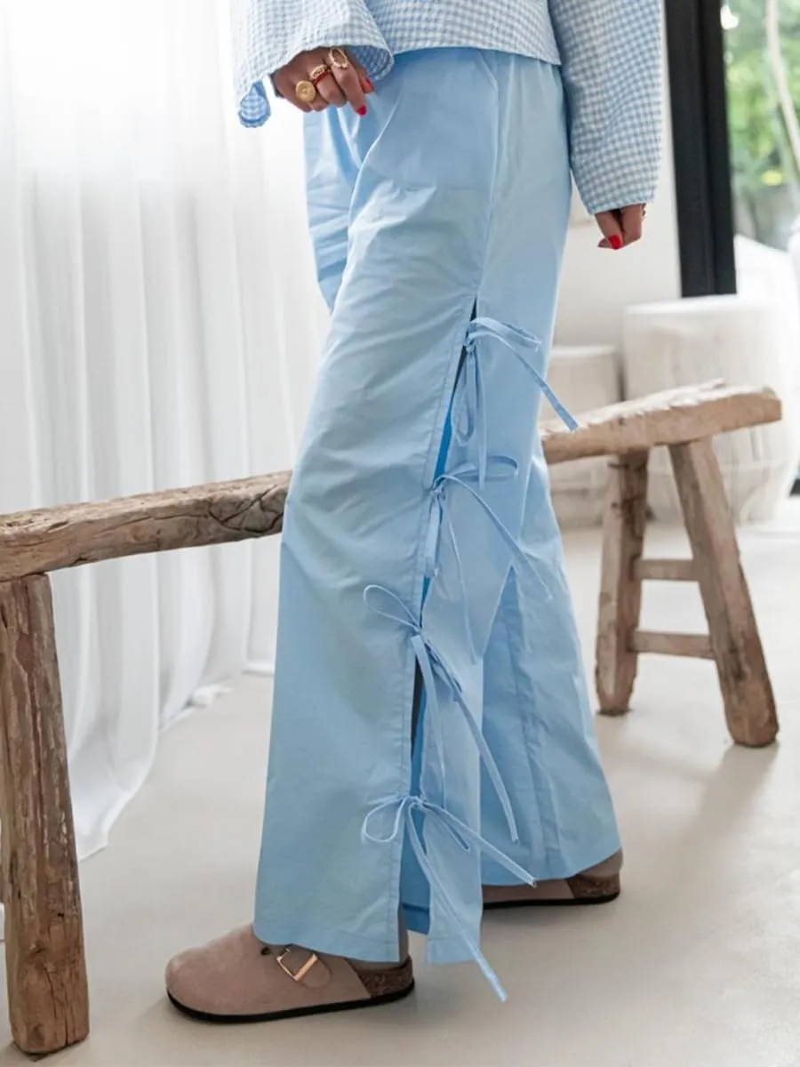 Women Y2K Plaid Stripe Pants Side Tie-Up Wide-Leg Straight Trousers Vintage Lounge Pants Sweatpants Pjs Bottoms
