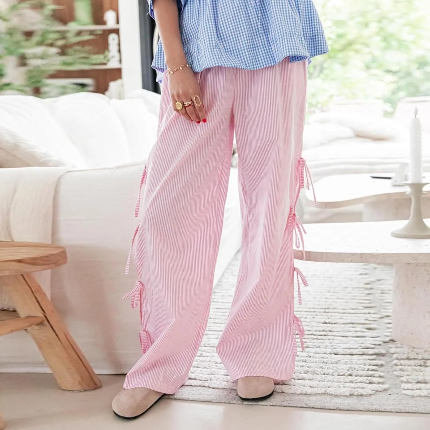 Women Y2K Plaid Stripe Pants Side Tie-Up Wide-Leg Straight Trousers Vintage Lounge Pants Sweatpants Pjs Bottoms